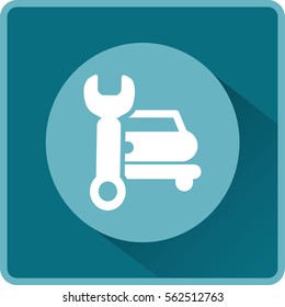 Flat icon. Car repair. Vector image of the machine and a wrench.