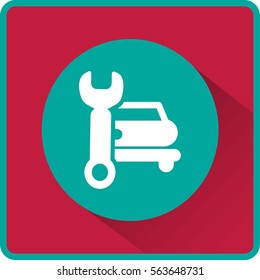 Flat icon. Car repair. Vector image of the machine and a wrench.
