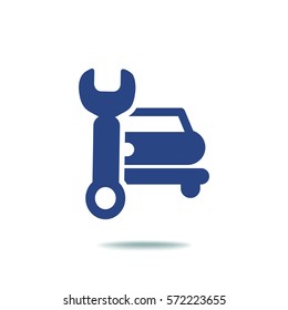 Flat icon. Car repair. Vector image of the machine and a wrench.