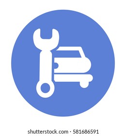 Icono plano. Reparación de coches. Imagen vectorial de la máquina y una llave.