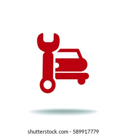 Flat icon. Car repair. Vector image of the machine and a wrench.