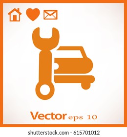 Flat icon. Car repair. Vector image of the machine and a wrench.