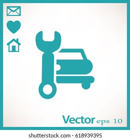 Flat icon. Car repair. Vector image of the machine and a wrench.
