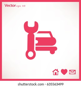 Icono plano. Reparación de coches. Imagen vectorial de la máquina y una llave.