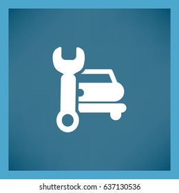 Flat icon. Car repair. Vector image of the machine and a wrench.