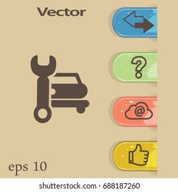 Icono plano. Reparación de coches. Imagen vectorial de la máquina y una llave.