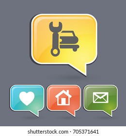 Icono plano. Reparación de coches. Imagen vectorial de la máquina y una llave.