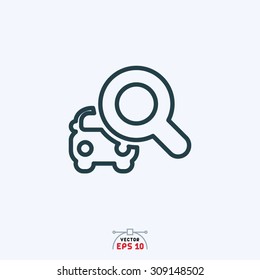 Flat icon of car with search sign.