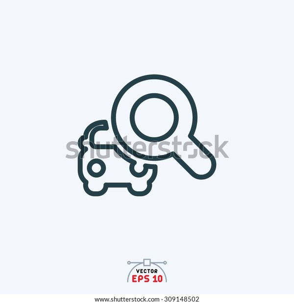 Flat icon of car with\
search sign.
