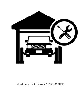 Icono plano de un taller de coches. Garaje con ascensor y una señal de llave y destornillador. Logo, símbolo. Ilustración vectorial simple.