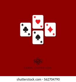 Flat icon card game. Casino icon. Different cards on a burgundy background.