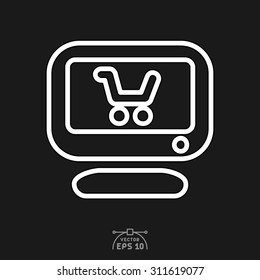 Flat icon of cart in monitor screen.