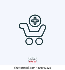 Flat icon of cart with plus sign.
