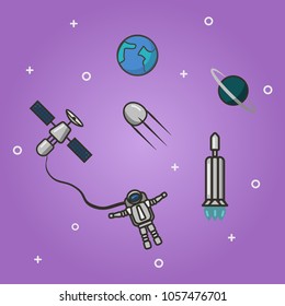 flat icon cartoon astronaut, satellite, rocket and planets on a purple background. vector