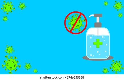 Flat icon cartoon blue alcohol gel in a pump plastic bottle are used for cleaning hands and preventing stop epidemics from green virus covid-19 and germs with blue background and copy space vector.