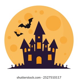 Flat icon of castle with bats and full moon in halloween night isolated on white background.