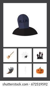 Flat Icon Celebrate Set Of Broom, Zombie, Skeleton And Other Vector Objects. Also Includes Tomb, Spider, Zombie Elements.