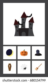 Flat Icon Celebrate Set Of Broom, Crescent, Casket And Other Vector Objects. Also Includes Witch, Cobweb, Dead Elements.