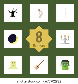 Flat Icon Celebrate Set Of Candlestick, Broom, Monster Vector Objects. Also Includes Skull, Candelabrum, Skeleton Elements.