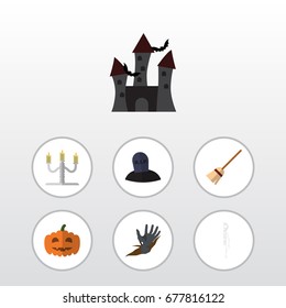Flat Icon Celebrate Set Of Candlestick, Tomb, Fortress Vector Objects. Also Includes Tomb, Candle, Grave Elements.