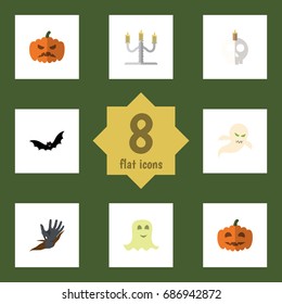 Flat Icon Celebrate Set Of Cranium, Spirit, Zombie And Other Vector Objects. Also Includes Candelabrum, Zombie, Specter Elements.