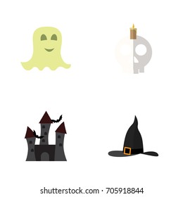 Flat Icon Celebrate Set Of Cranium, Spirit, Witch Cap And Other Vector Objects. Also Includes Halloween, Spirit, Candle Elements.