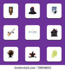Flat Icon Celebrate Set Of Fortress, Terrible Halloween, Skeleton And Other Vector Objects. Also Includes Rip, Bones, Hat Elements.