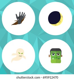 Flat Icon Celebrate Set Of Ghost, Crescent, Monster And Other Vector Objects. Also Includes Ghost, Zombie, Crescent Elements.