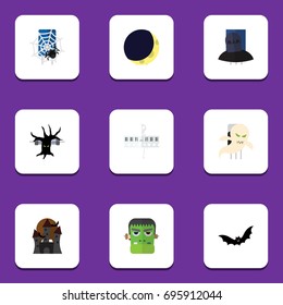 Flat Icon Celebrate Set Of Monster, Crescent, Terrible Halloween And Other Vector Objects. Also Includes Phantom, Moon, Castle Elements.