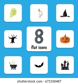 Flat Icon Celebrate Set Of Phantom, Witch Cap, Magic And Other Vector Objects. Also Includes Castle, Wizard, Cranium Elements.