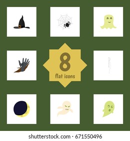 Flat Icon Celebrate Set Of Phantom, Ghost, Spinner And Other Vector Objects. Also Includes Crescent, Wizard, Moon Elements.