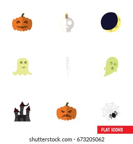 Flat Icon Celebrate Set Of Pumpkin, Spinner, Gourd And Other Vector Objects. Also Includes Arachnid, Fortress, Midnight Elements.