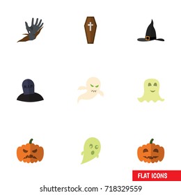 Flat Icon Celebrate Set Of Pumpkin, Tomb, Witch Cap And Other Vector Objects. Also Includes Dead, Rip, Ghost Elements.