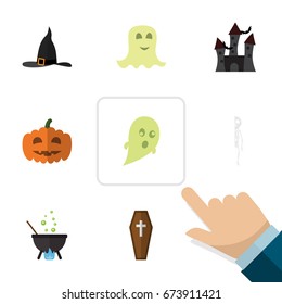 Flat Icon Celebrate Set Of Skeleton, Magic, Gourd And Other Vector Objects. Also Includes Wizard, Cranium, Casket Elements.