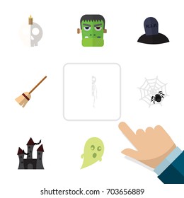 Flat Icon Celebrate Set Of Skeleton, Monster, Cranium And Other Vector Objects. Also Includes Skull, Ghost, Broom Elements.