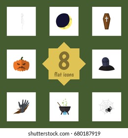 Flat Icon Celebrate Set Of Spinner, Tomb, Pumpkin And Other Vector Objects. Also Includes Coffin, Tomb, Pumpkin Elements.