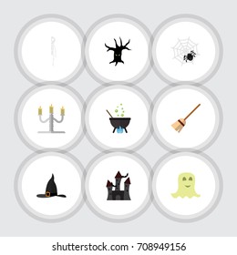 Flat Icon Celebrate Set Of Spirit, Witch Cap, Spinner And Other Vector Objects. Also Includes Magic, Candlestick, Arachnid Elements.