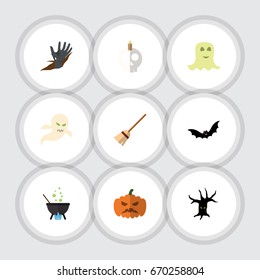 Flat Icon Celebrate Set Of Terrible Halloween, Broom, Superstition And Other Vector Objects. Also Includes Zombie, Witch, Candle Elements.