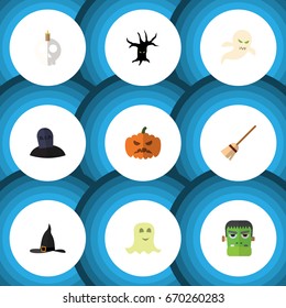 Flat Icon Celebrate Set Of Terrible Halloween, Ghost, Spirit And Other Vector Objects. Also Includes Gourd, Pumpkin, Cranium Elements.