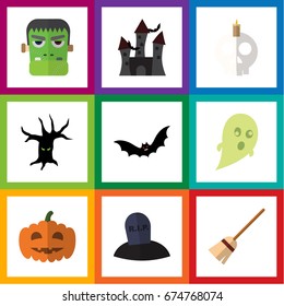 Flat Icon Celebrate Set Of Terrible Halloween, Fortress, Broom And Other Vector Objects. Also Includes Superstition, Broom, Witch Elements.