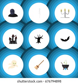 Flat Icon Celebrate Set Of Terrible Halloween, Magic, Superstition And Other Vector Objects. Also Includes Castle, Cranium, Witch Elements.