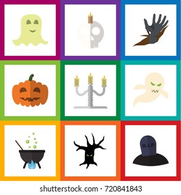 Flat Icon Celebrate Set Of Terrible Halloween, Zombie, Spirit And Other Vector Objects. Also Includes Candle, Corpse, Candlestick Elements.