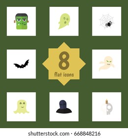 Flat Icon Celebrate Set Of Tomb, Ghost, Monster And Other Vector Objects. Also Includes Spirit, Vampire, Spider Elements.