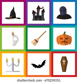 Flat Icon Celebrate Set Of Tomb, Cranium, Broom And Other Vector Objects. Also Includes Castle, Halloween, Creepy Elements.