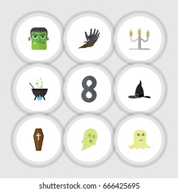 Flat Icon Celebrate Set Of Witch Cap, Phantom, Monster And Other Vector Objects. Also Includes Vampire, Casket, Magic Elements.