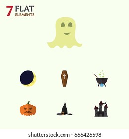 Flat Icon Celebrate Set Of Witch Cap, Spirit, Fortress And Other Vector Objects. Also Includes Crescent, Specter, Castle Elements.
