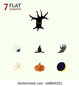 Flat Icon Celebrate Set Of Witch Cap, Zombie, Terrible Halloween And Other Vector Objects. Also Includes Moon, Spider, Ghost Elements.