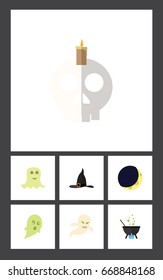 Flat Icon Celebrate Set Of Witch Cap, Magic, Crescent And Other Vector Objects. Also Includes Spirit, Wizard, Ghost Elements.