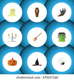 Flat Icon Celebrate Set Of Witch Cap, Spinner, Spirit And Other Vector Objects. Also Includes Spirit, Monster, Candlestick Elements.