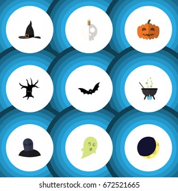 Flat Icon Celebrate Set Of Witch Cap, Cranium, Terrible Halloween And Other Vector Objects. Also Includes Monster, Candle, Tomb Elements.